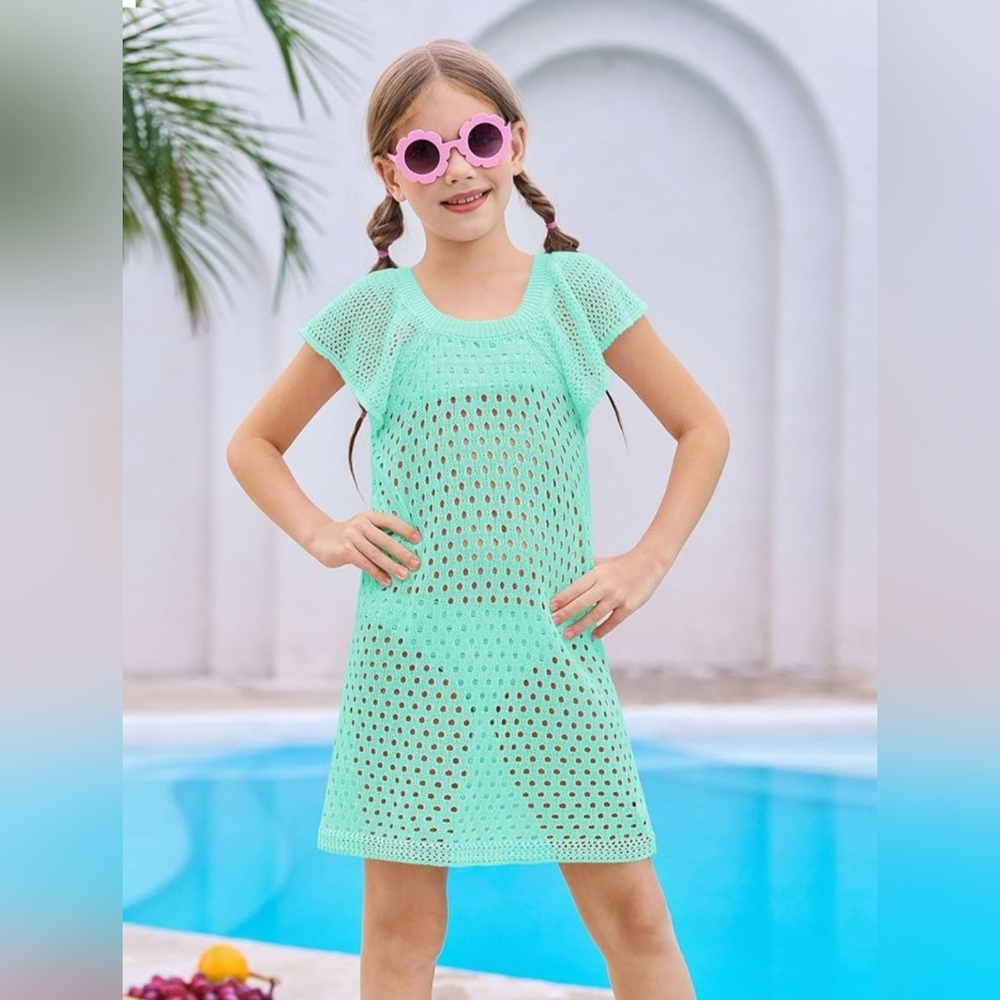 Amazon Kids Crochet Swim Cover Up Dress Mint Aqua Ruffle Sleeve 11-12 Years